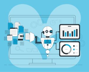 Cartoon image of a robot transferring information into data