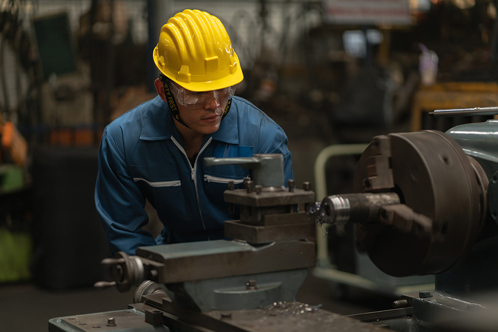 Professional worker asian man. Inspection technician, factory en