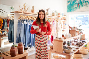 woman retail worker standing in front of a rack of clothes