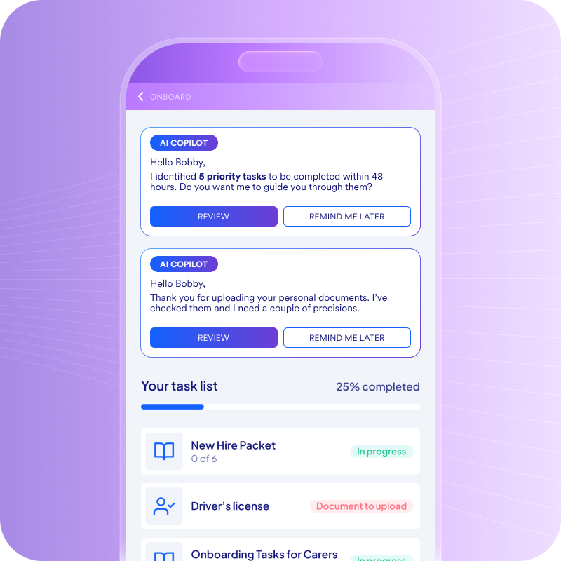 Mobile screen displaying Fountain AI Copilot assisting a new frontline employee named Bobby with onboarding tasks, including document review and task prioritization. The interface highlights real-time guidance and task list completion with progress tracking.