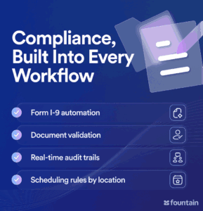 Compliance features integrated into hiring workflows including I-9 automation and real-time audit trails