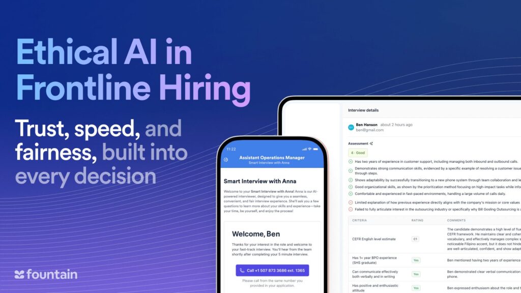 Visual showing mobile and desktop hiring tools alongside headline “Ethical AI in Frontline Hiring” and subtext emphasizing trust, speed, and fairness in AI-powered recruitment decisions.