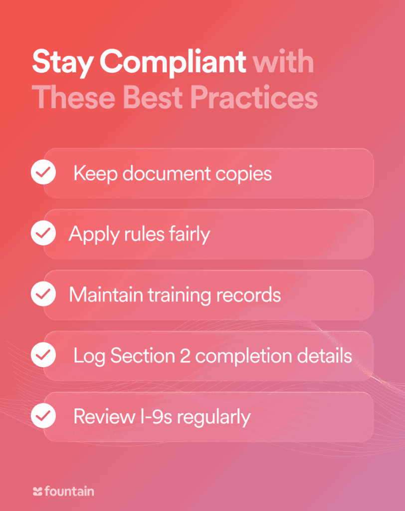 Checklist of compliance best practices: document retention, fair rules, training logs, Section 2 details, regular reviews