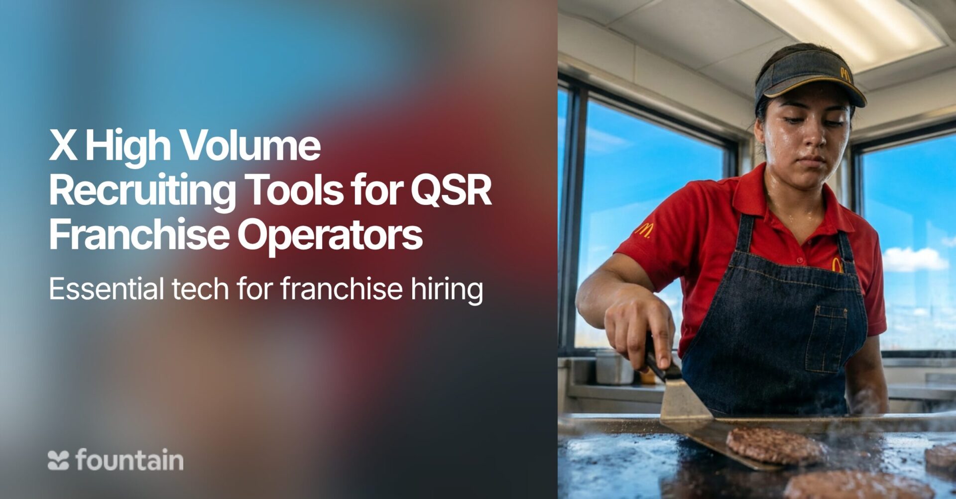 Fast-food worker cooking burgers on grill in kitchen